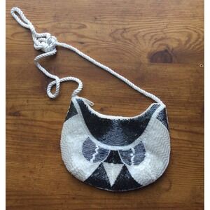 Vintage Nina Ricci Paris Beaded Purse Bag Black White Shoulder Evening Glam Owl